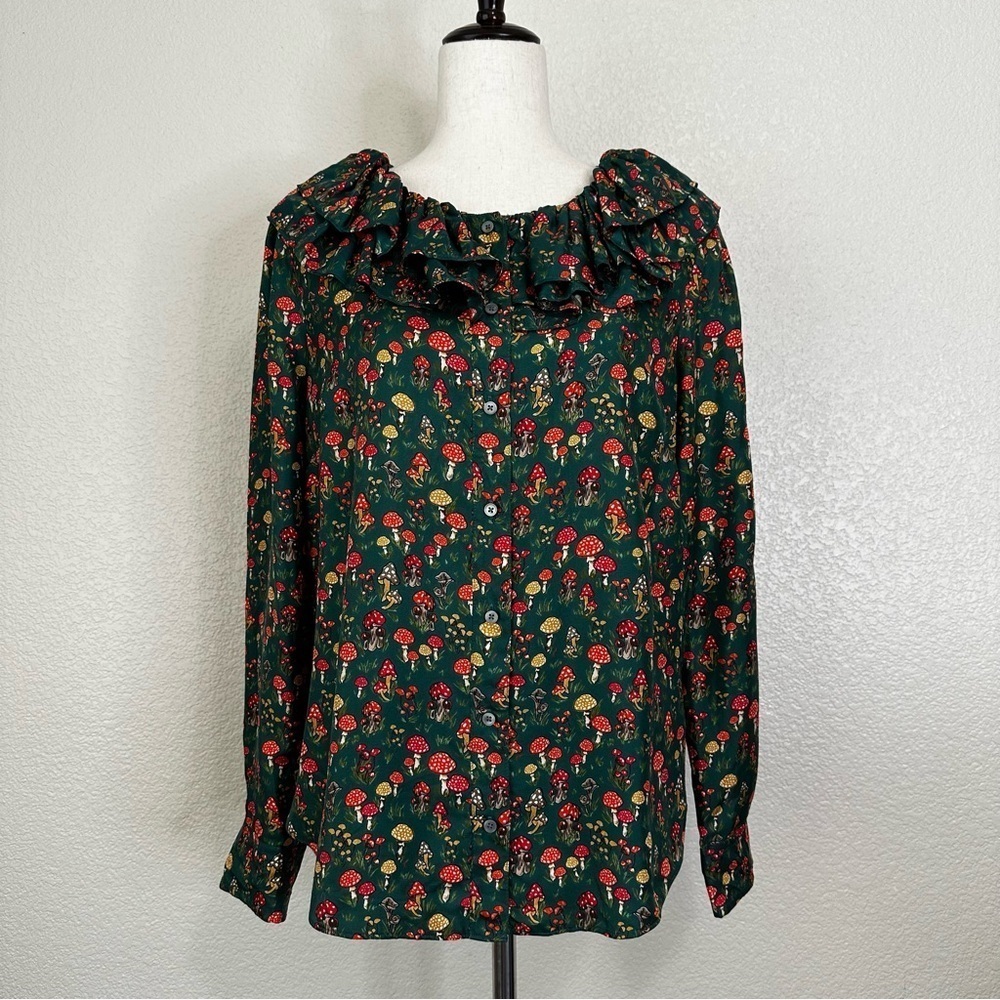 J. Crew Collection 100% Silk-Twill Ruffle Collar Mushroom Floral Top, Sz Medium